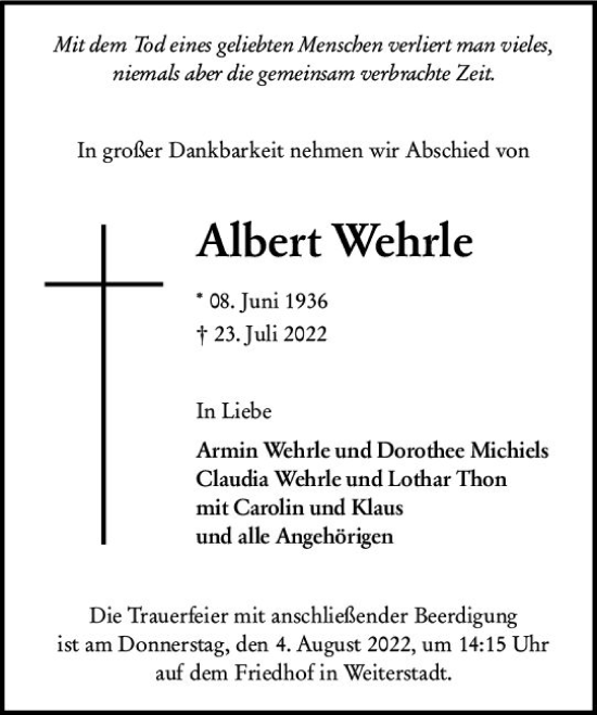 Traueranzeige von Albert Wehrle von vrm-trauer Darmstädter Echo