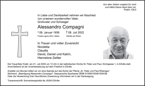 Traueranzeige von Alessandro Compagni von vrm-trauer Wiesbadener Kurier