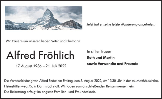 Traueranzeige von Alfred Fröhlich von vrm-trauer Darmstädter Echo