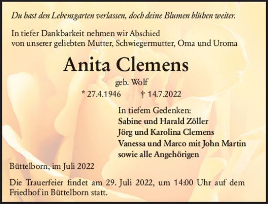 Traueranzeige von Anita Clemens von vrm-trauer Groß-Gerauer Echo