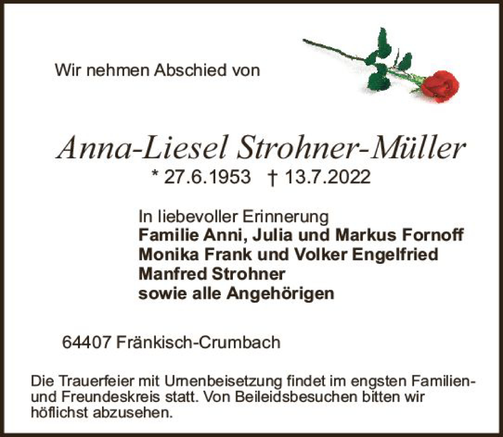  Traueranzeige für Anna-Liesel Strohner-Müller vom 16.07.2022 aus vrm-trauer Odenwälder Echo