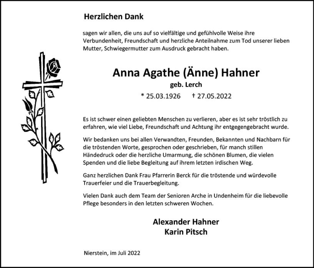  Traueranzeige für Anna Agathe Hahner vom 16.07.2022 aus vrm-trauer AZ Mainz