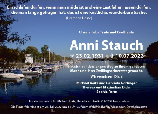 Traueranzeige von Anni Stauch von vrm-trauer Wiesbadener Kurier