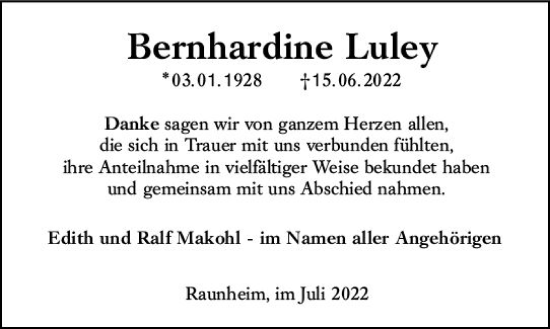 Traueranzeige von Bernhardine Luley von vrm-trauer Rüsselsheimer Echo / MainSpitze