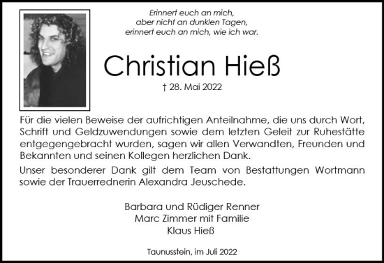 Traueranzeige von Christian Hieß von vrm-trauer Wiesbadener Kurier