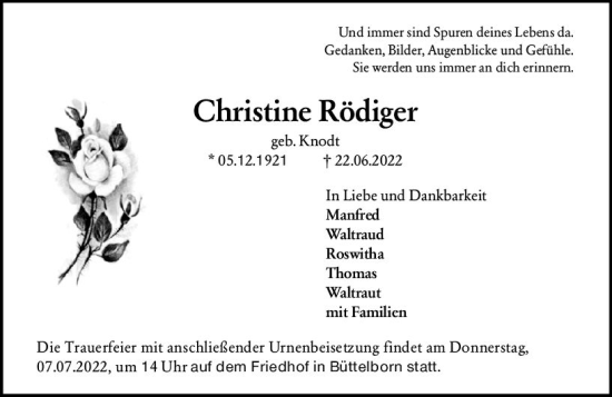 Traueranzeige von Christine Rödiger von vrm-trauer Groß-Gerauer Echo