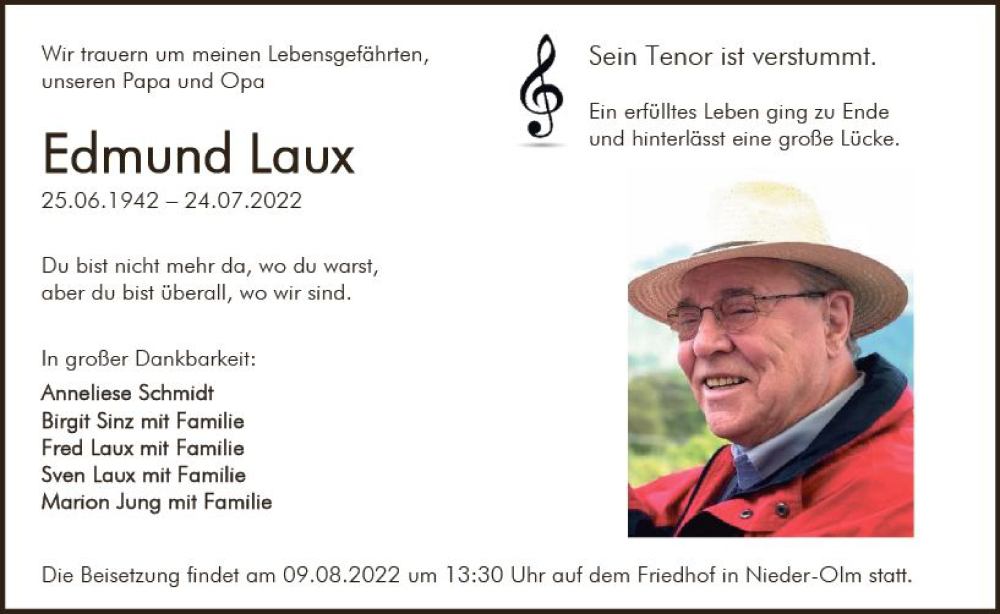  Traueranzeige für Edmund Laux vom 30.07.2022 aus vrm-trauer AZ Mainz