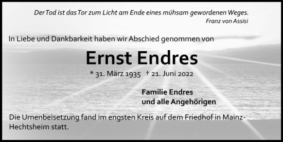 Traueranzeige von Ernst Endres von vrm-trauer AZ Mainz