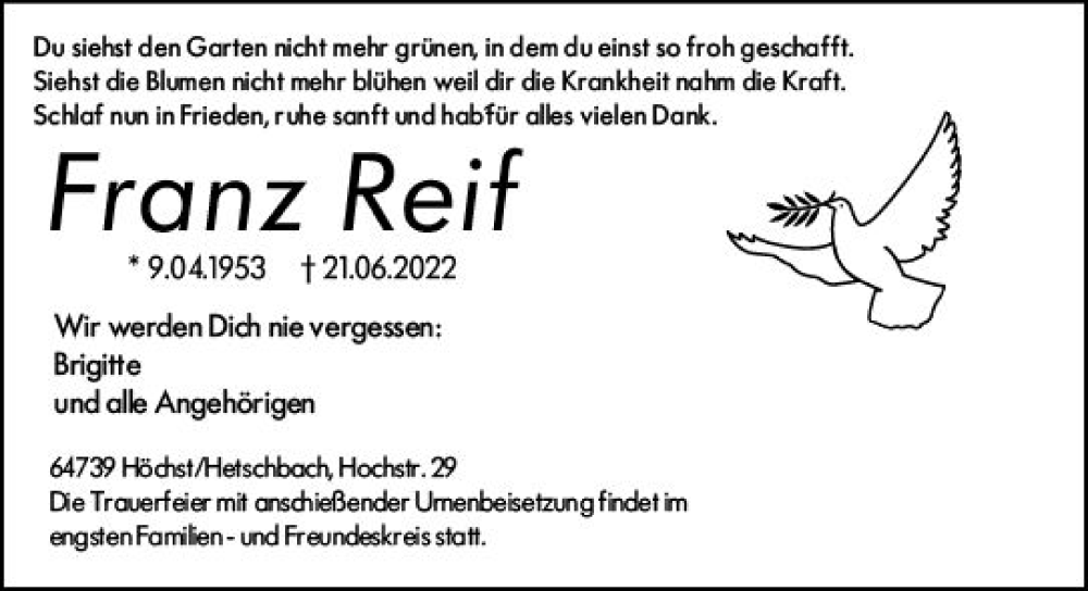  Traueranzeige für Franz Reif vom 02.07.2022 aus vrm-trauer Odenwälder Echo