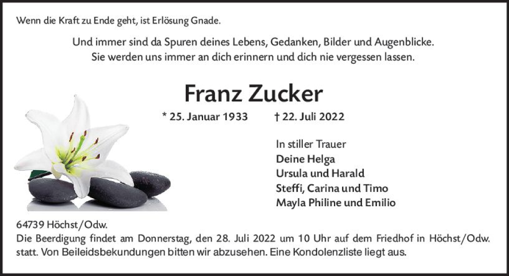  Traueranzeige für Franz Zucker vom 26.07.2022 aus vrm-trauer Odenwälder Echo