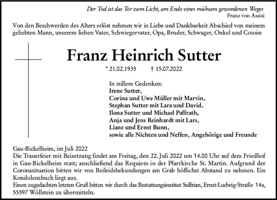 Traueranzeige von Franz Heinrich Sutter von vrm-trauer Allgemeine Zeitung Alzey