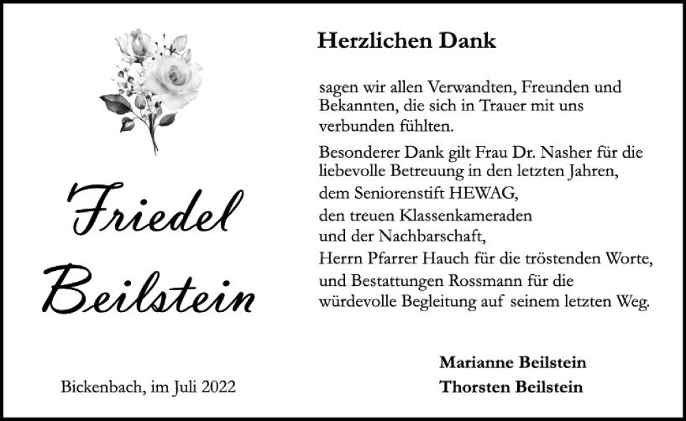  Traueranzeige für Friedel Beilstein vom 16.07.2022 aus vrm-trauer Darmstädter Echo