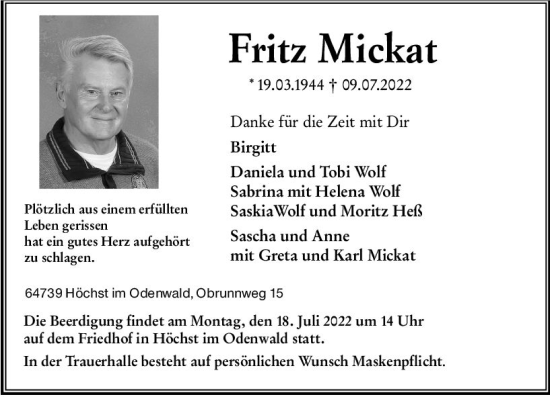 Traueranzeige von Fritz Mickat von vrm-trauer Odenwälder Echo