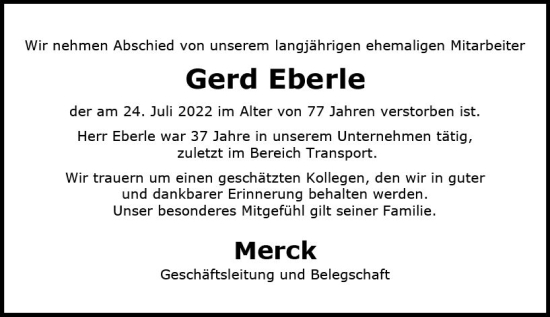 Traueranzeige von Gerd Eberle von vrm-trauer Darmstädter Echo