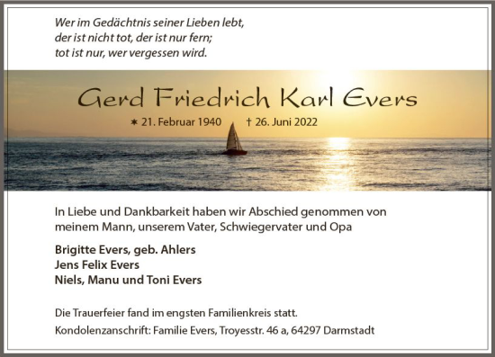 Traueranzeige von Gerd Evers von vrm-trauer Darmstädter Echo