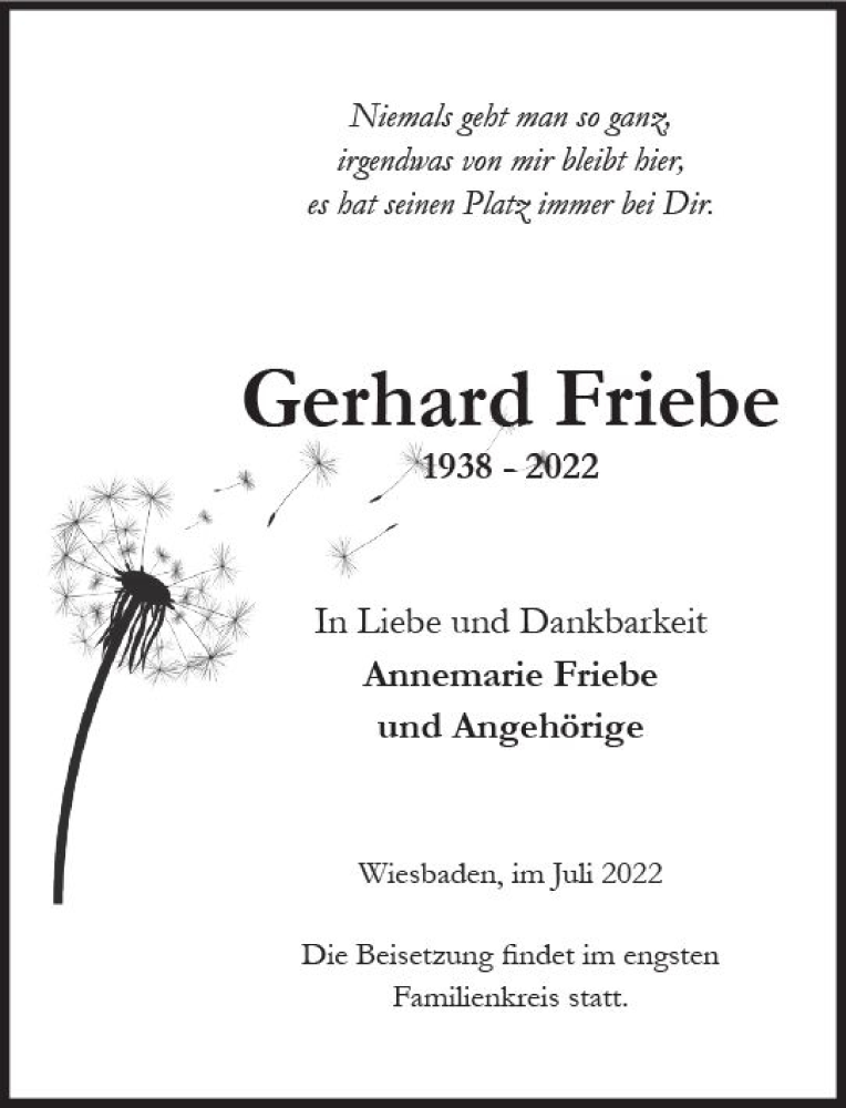  Traueranzeige für Gerhard Friebe vom 16.07.2022 aus vrm-trauer Wiesbadener Kurier