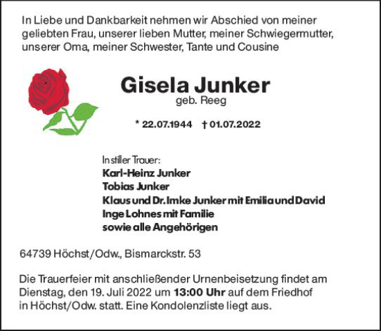 Traueranzeige von Gisela Junker von vrm-trauer Odenwälder Echo