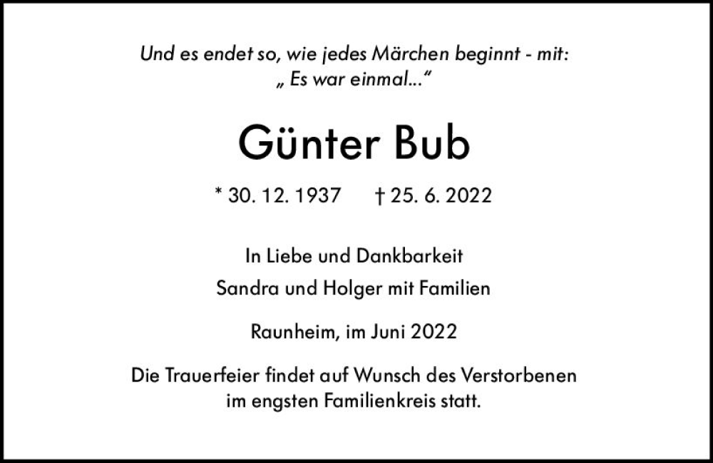  Traueranzeige für Günter Bub vom 02.07.2022 aus vrm-trauer Rüsselsheimer Echo / MainSpitze