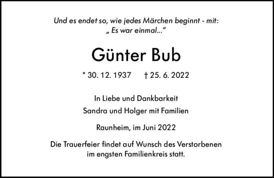 Traueranzeige von Günter Bub von vrm-trauer Rüsselsheimer Echo / MainSpitze
