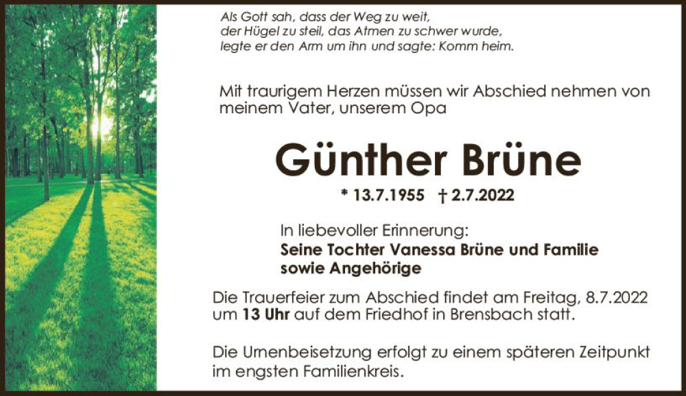  Traueranzeige für Günther Brüne vom 06.07.2022 aus vrm-trauer Odenwälder Echo
