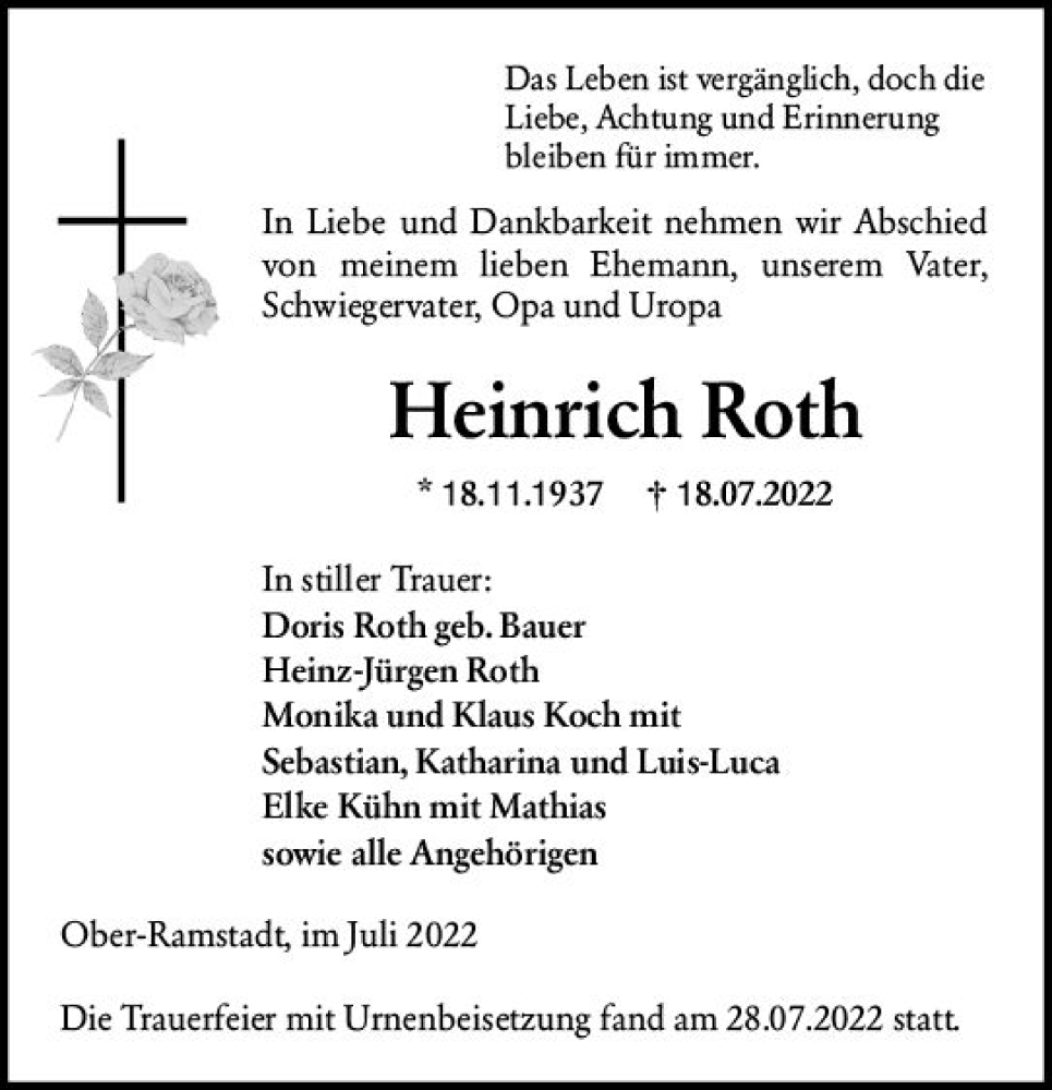  Traueranzeige für Heinrich Roth vom 30.07.2022 aus vrm-trauer Darmstädter Echo