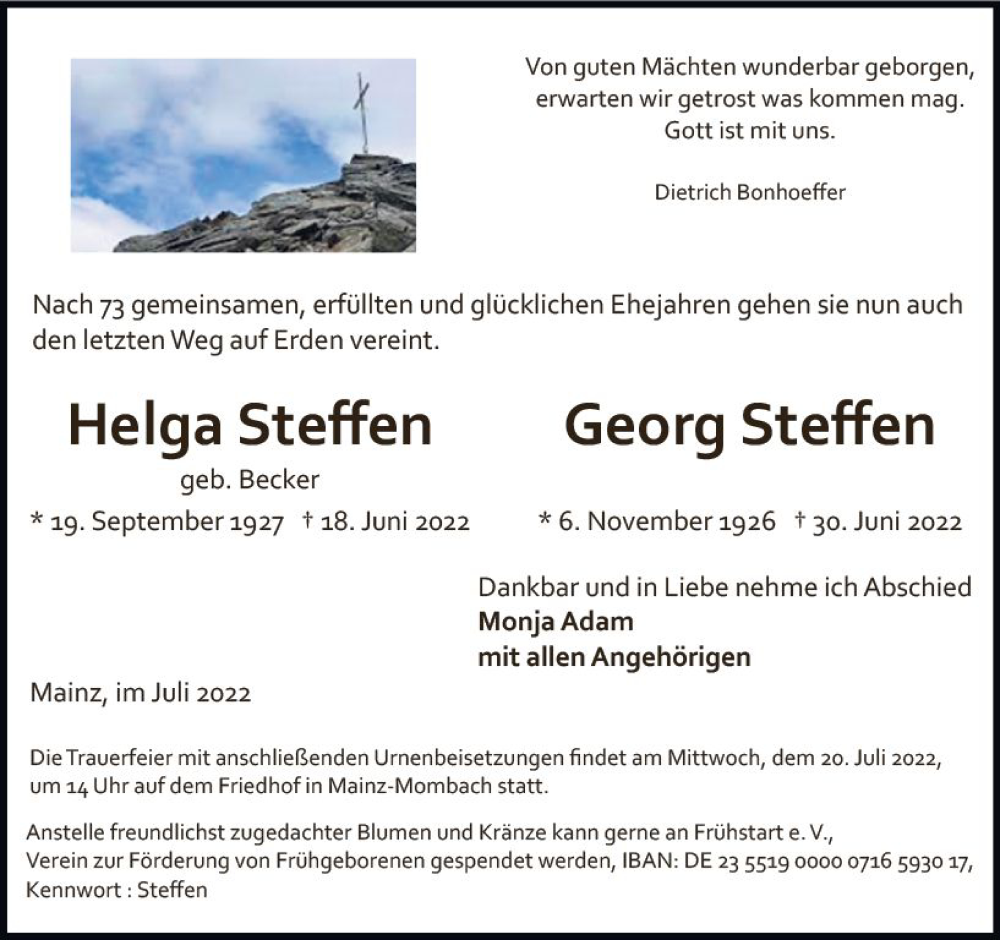  Traueranzeige für Helga Steffen vom 16.07.2022 aus vrm-trauer Allgemeine Zeitung Alzey
