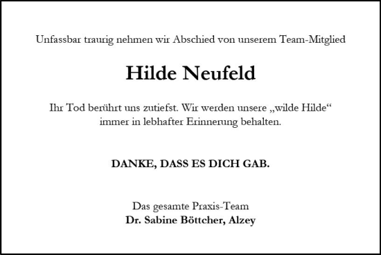 Traueranzeige von Hilde Neufeld von vrm-trauer Allgemeine Zeitung Alzey