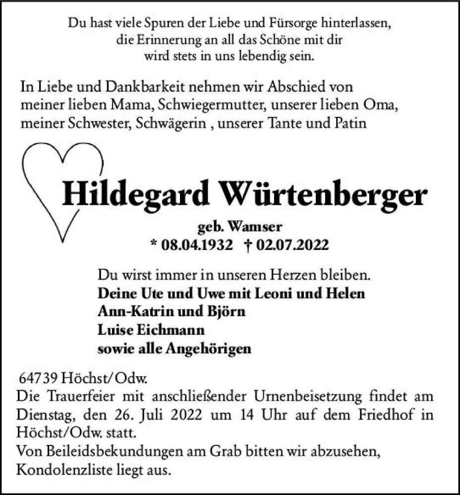  Traueranzeige für Hildegard Würtenberger vom 23.07.2022 aus vrm-trauer Odenwälder Echo