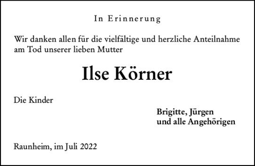  Traueranzeige für Ilse Körner vom 23.07.2022 aus vrm-trauer Rüsselsheimer Echo / MainSpitze