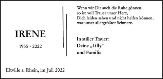 Traueranzeige von Irene  von vrm-trauer Wiesbadener Kurier