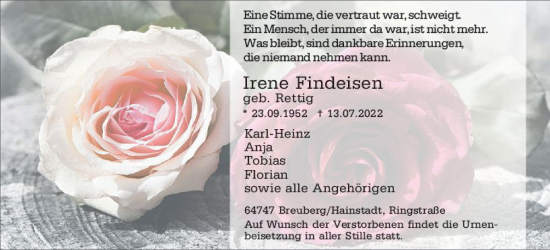 Traueranzeige von Irene Findeisen von vrm-trauer Odenwälder Echo