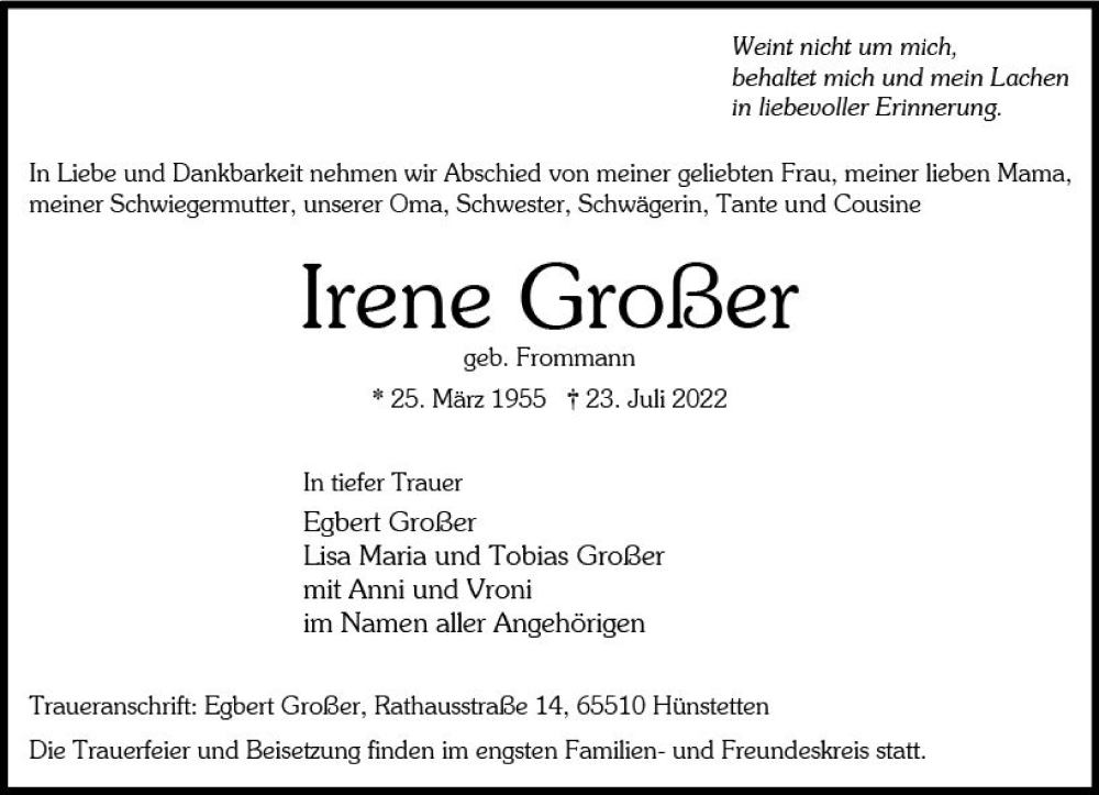  Traueranzeige für Irene Großer vom 30.07.2022 aus vrm-trauer Wiesbadener Kurier