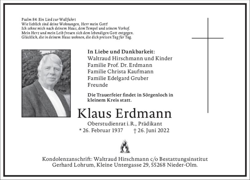  Traueranzeige für Klaus Erdmann vom 16.07.2022 aus vrm-trauer AZ Mainz