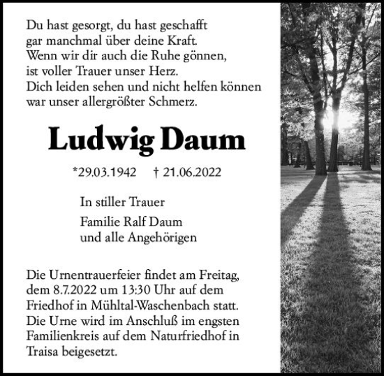 Traueranzeige von Ludwig Daum von vrm-trauer Darmstädter Echo