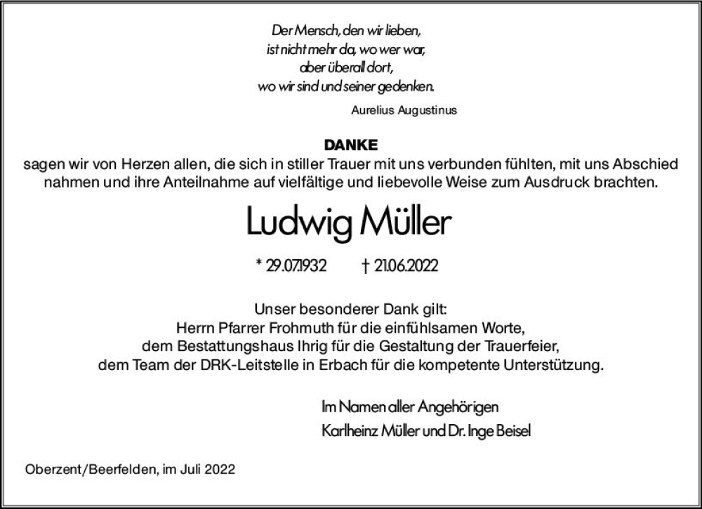  Traueranzeige für Ludwig Müller vom 23.07.2022 aus vrm-trauer Odenwälder Echo