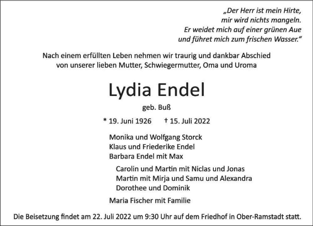  Traueranzeige für Lydia Endel vom 20.07.2022 aus vrm-trauer Darmstädter Echo
