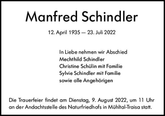 Traueranzeige von Manfred Schindler von vrm-trauer Darmstädter Echo