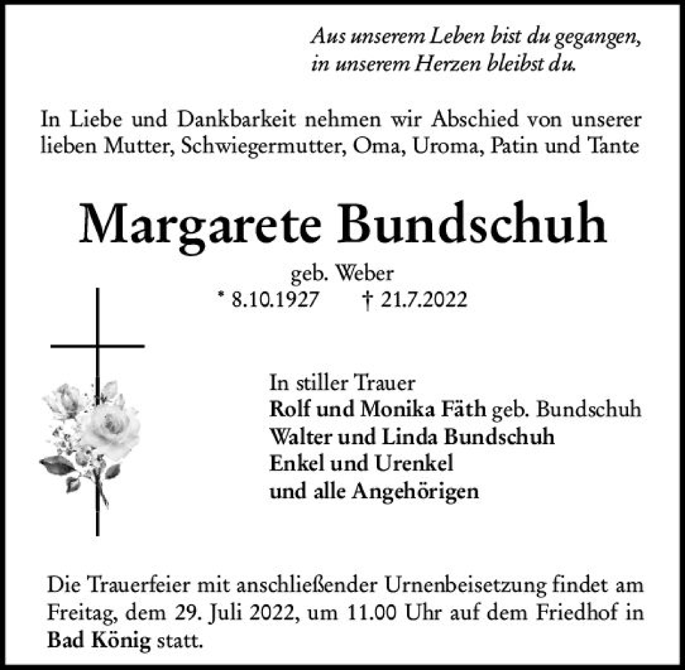  Traueranzeige für Margarete Bundschuh vom 26.07.2022 aus vrm-trauer Odenwälder Echo