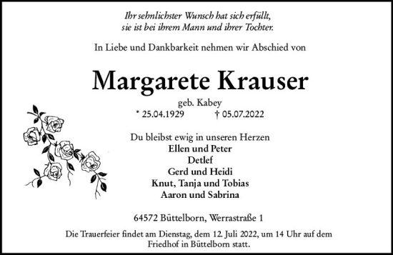 Traueranzeige von Margarete Krauser von vrm-trauer Groß-Gerauer Echo
