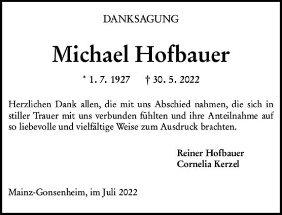 Traueranzeige von Michael Hofbauer von vrm-trauer AZ Mainz