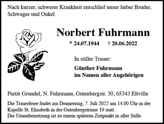 Traueranzeige von Norbert Fuhrmann von vrm-trauer Rheingau