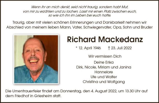 Traueranzeige von Richard Mackedanz von vrm-trauer Darmstädter Echo