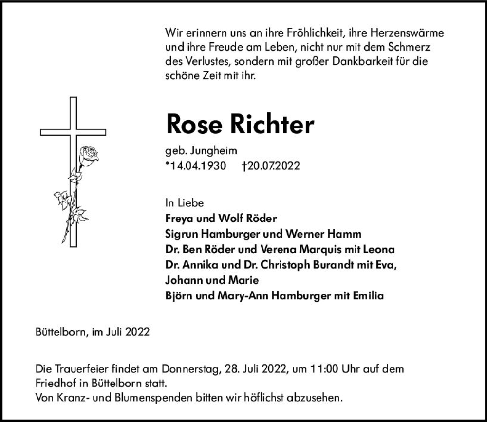  Traueranzeige für Rose Richter vom 23.07.2022 aus vrm-trauer Groß-Gerauer Echo