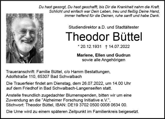 Traueranzeige von Theodor Büffel von vrm-trauer WK-UTA