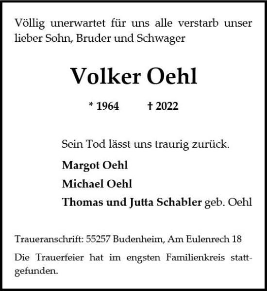 Traueranzeige von Volker Oehl von vrm-trauer AZ Mainz