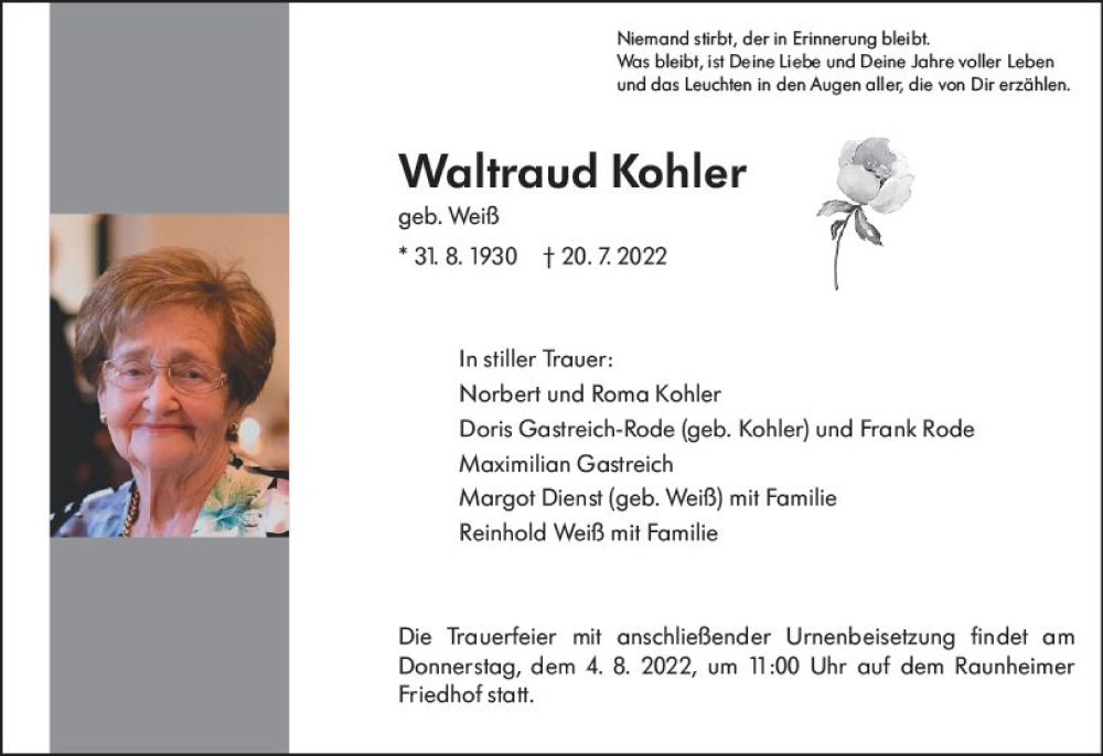  Traueranzeige für Waltraud Kohler vom 23.07.2022 aus vrm-trauer Rüsselsheimer Echo / MainSpitze