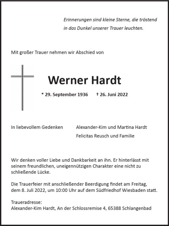 Traueranzeige von Werner Hardt von vrm-trauer Wiesbadener Kurier