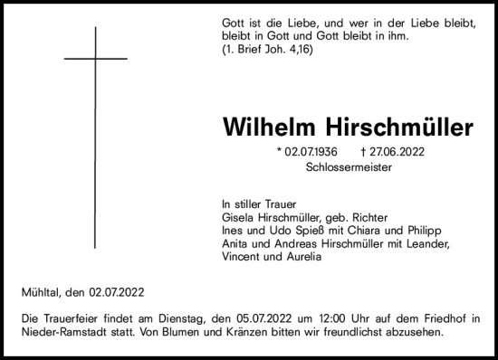 Traueranzeige von Wilhelm Hirschmüller von vrm-trauer Darmstädter Echo