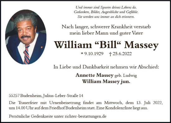 Traueranzeige von William Massey von vrm-trauer AZ Mainz