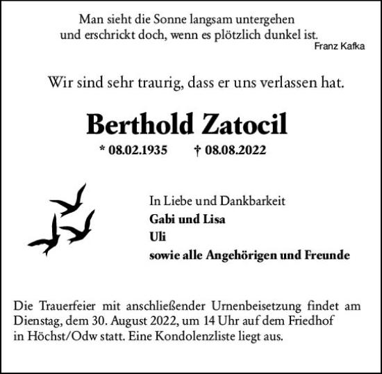 Traueranzeige von Berthold Zatocil von vrm-trauer Odenwälder Echo